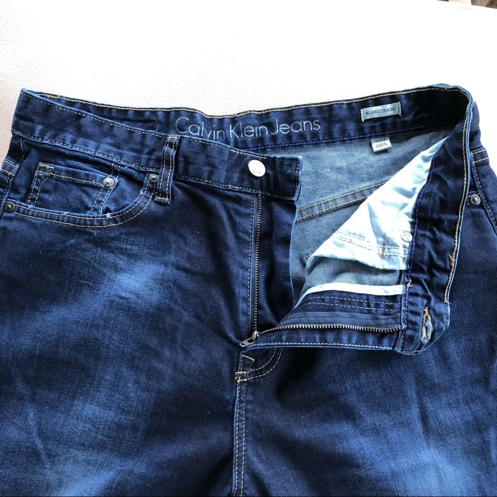 Calvin Klein Cotton Blend Dark Blue Wash Relaxed Straight Jeans 33 x 34_6